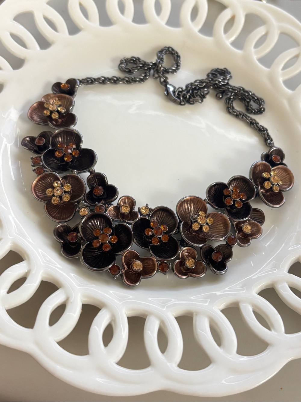 Bronze Floral Rhinestone Statement Necklace - Women Jewelry